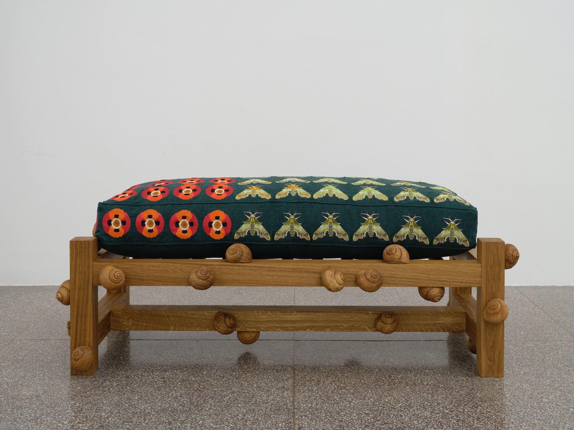 Daniel Dewar & Grégory Gicquel, Oak bench with lime hawk moths, opium poppies and snails, 2022