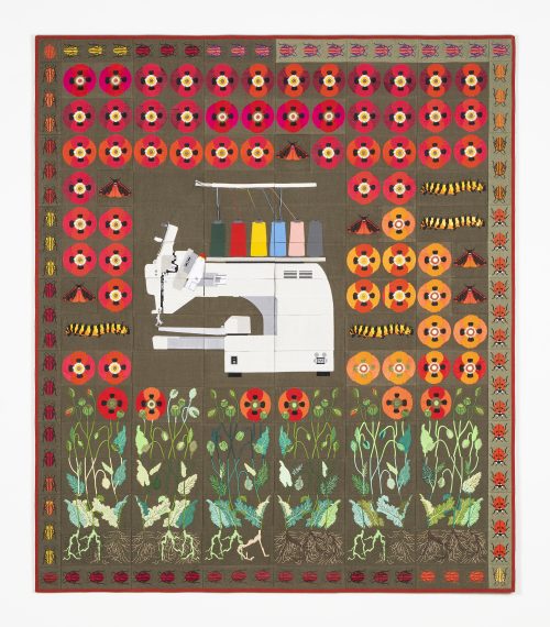 Daniel Dewar & Grégory Gicquel, Embroidered quilt with opium poppy flowers, cinnabar caterpillars, cinnabar moths, embroidery machine, seven-spot ladybirds and striped shield bugs, 2023