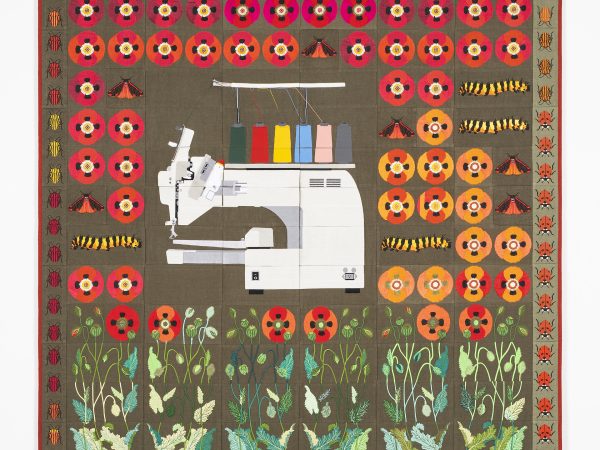 Daniel Dewar & Grégory Gicquel, Embroidered quilt with opium poppy flowers, cinnabar caterpillars, cinnabar moths, embroidery machine, seven-spot ladybirds and striped shield bugs, 2023