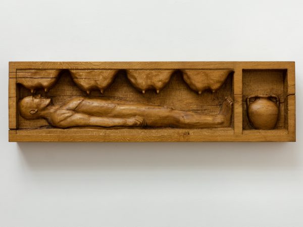 Daniel Dewar & Grégory Gicquel, Oak relief with man, udders, and vase, 2017