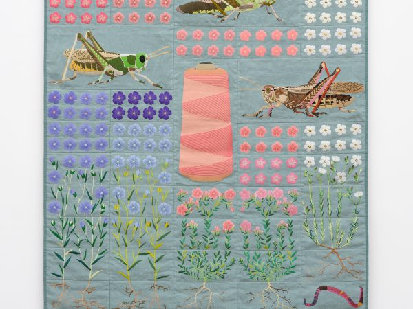 Daniel Dewar & Grégory Gicquel, Embroidered quilt with common flax plant, sticky flax plant, narrow-leaved flax plant, mottled grasshopper, meadow grasshopper, Moroccan grasshopper and bobbin, 2024