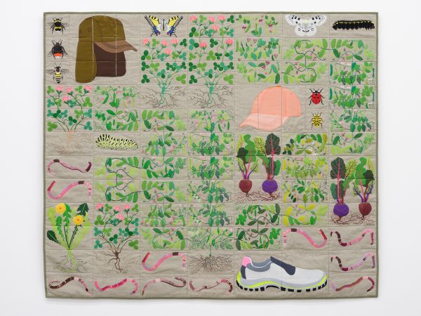Daniel Dewar & Grégory Gicquel, Embroidered quilt with earthworms, dandelion plant, clover plants, pea plant, beetroot plants, swallowtail butterfly caterpillar, 22 punctata beetle, ladybird beetle, honey bee, red-tailed bumblebee, white-tailed bumblebee, swallowtail butterfly, Parnassius apollo butterfly, Parnassius apollo butterfly caterpillar, desert cap, cap and work shoe, 2024
