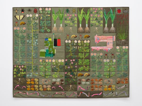 Daniel Dewar & Grégory Gicquel, Embroidered quilt with earthworms, potato plants, clover plants, Colorado beetles larvae, Colorado beetle, leek plants, clouded yellow butterfly, honey bee, red-tailed bumblebee, white-tailed bumblebee, striped shield bug, green bottle fly, 22 punctata beetle, ladybird beetle, magpie moth, overlocker machine and sewing machine, 2024