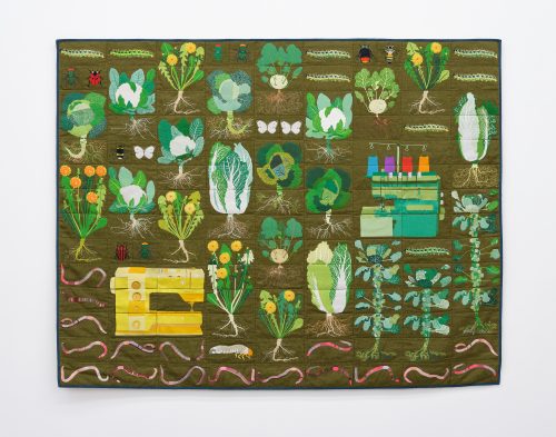 Daniel Dewar & Grégory Gicquel, Embroidered quilt with earthworms, cockchafer beetle larvae, dandelion plants, Brussels sprout plants, pe-tsaï cabbage plants, kohlrabi cabbage plants, striped shield bug, green bottle flies, cabbage white butterfly caterpillars, cauliflower cabbage plants, savoy cabbage plants, white-tailed bumblebee, cabbage white butterflies, ladybird beetle, red-tailed bumblebee, honey bee, sewing machine and overlocker machine, 2024
