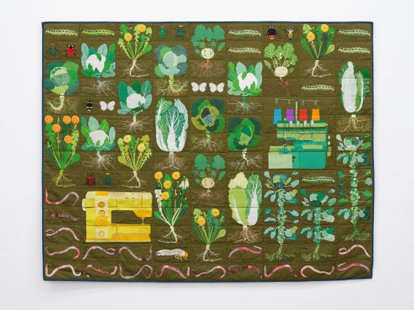 Daniel Dewar & Grégory Gicquel, Embroidered quilt with earthworms, cockchafer beetle larvae, dandelion plants, Brussels sprout plants, pe-tsaï cabbage plants, kohlrabi cabbage plants, striped shield bug, green bottle flies, cabbage white butterfly caterpillars, cauliflower cabbage plants, savoy cabbage plants, white-tailed bumblebee, cabbage white butterflies, ladybird beetle, red-tailed bumblebee, honey bee, sewing machine and overlocker machine, 2024