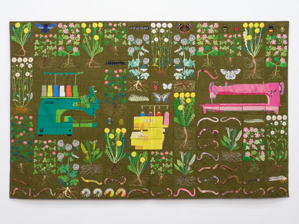 Daniel Dewar & Grégory Gicquel, Embroidered quilt with earthworms, cockchafer beetle larvae, clover plants, common hogweed plants, plantain plants, dandelion plants, mallow plants, daisy plants, green bottle fly, 22 punctata beetle, cabbage white butterfly caterpillar, swallowtail butterfly caterpillar, swallowtail butterfly, cockchafer beetle, cabbage white butterfly, Parnassius apollo butterfly, Parnassius apollo butterfly caterpillar, carpenter bee, red admiral butterfly caterpillar, red admiral butterfly, white-tailed bumblebee, ladybird beetle, red-tailed bumblebee, honey bee, embroidery machine, overlocker machine and long-arm sewing machine, 2024