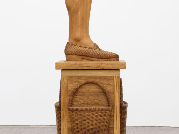 Daniel Dewar & Grégory Gicquel, Oak cabinet with woven loafer shoe and leg, 2024