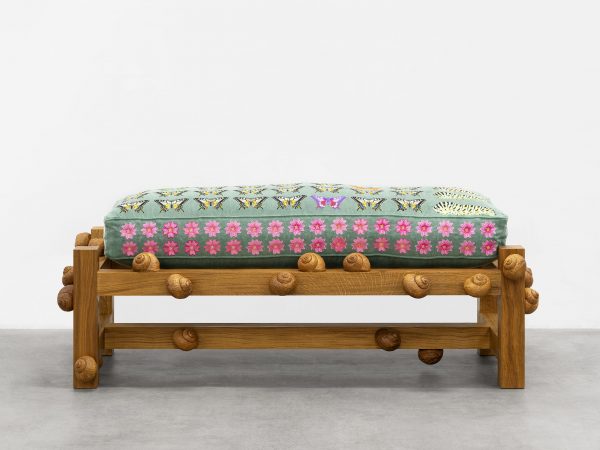 Daniel Dewar & Grégory Gicquel, Oak bench with swallowtail butterflies, swallowtail butterfly caterpillars, mallow flowers, daisy flowers and snails, 2025