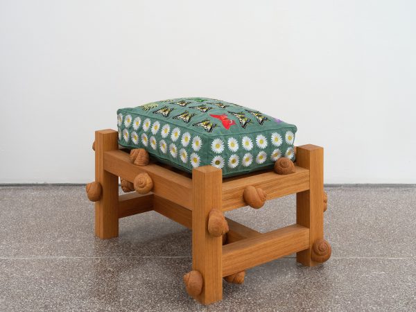 Daniel Dewar & Grégory Gicquel, Oak bench with swallowtail butterflies, swallowtail butterfly caterpillars, mallow flowers, daisy flowers and snails, 2025