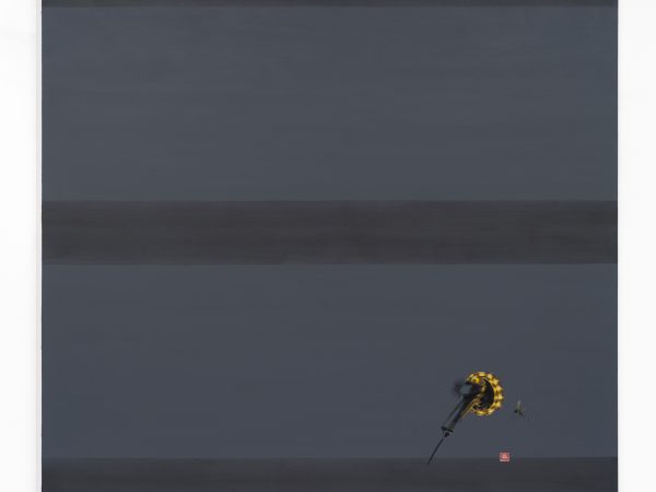 Evelyn Taocheng Wang, Mosquito Flies Around Electric car charging stand (yellow Light) and lmitation of Agnes Martin, 2025